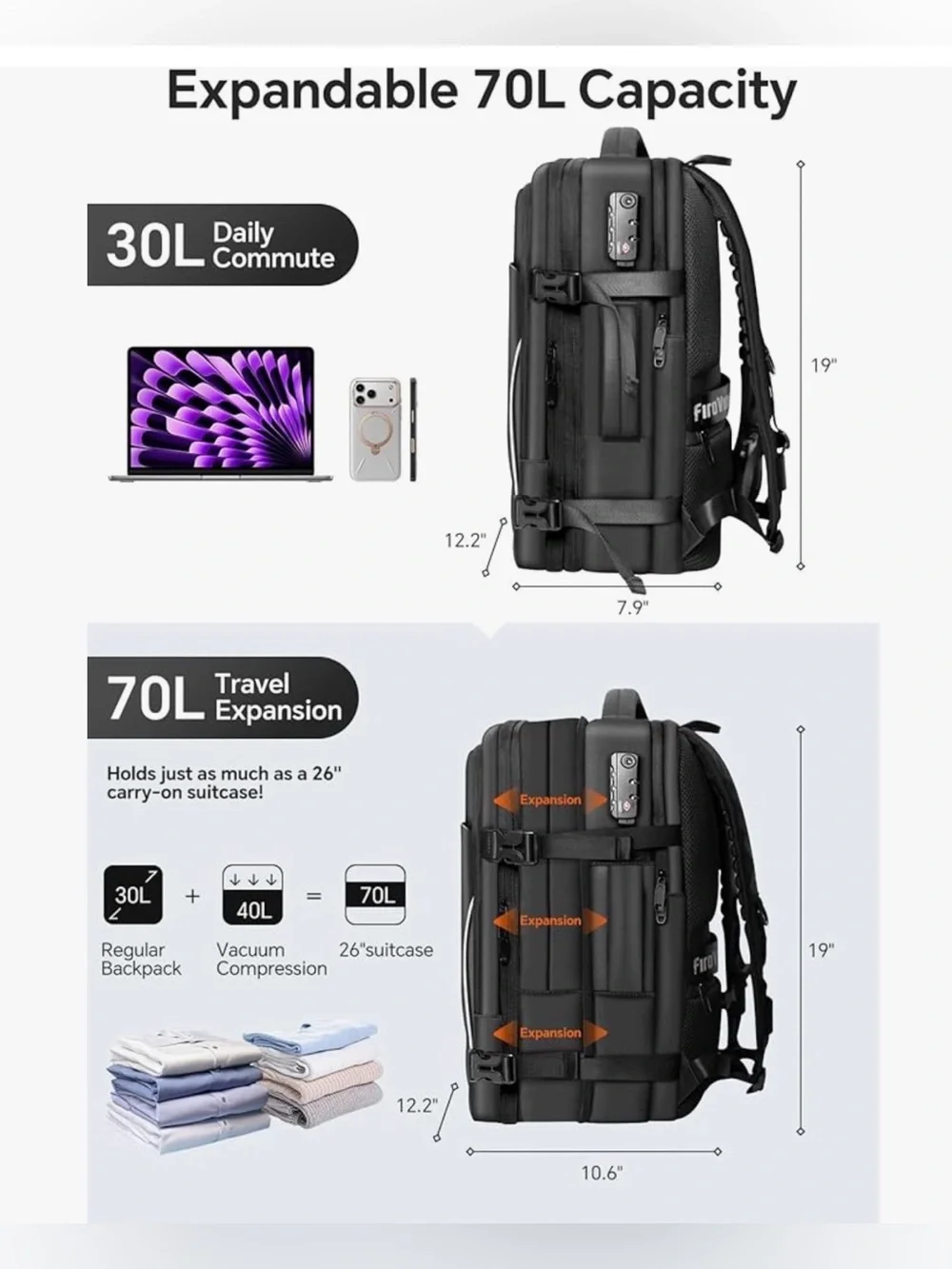 Vacuum Backpack Travel, 70L Expandable Carry On Backpack With Compression System